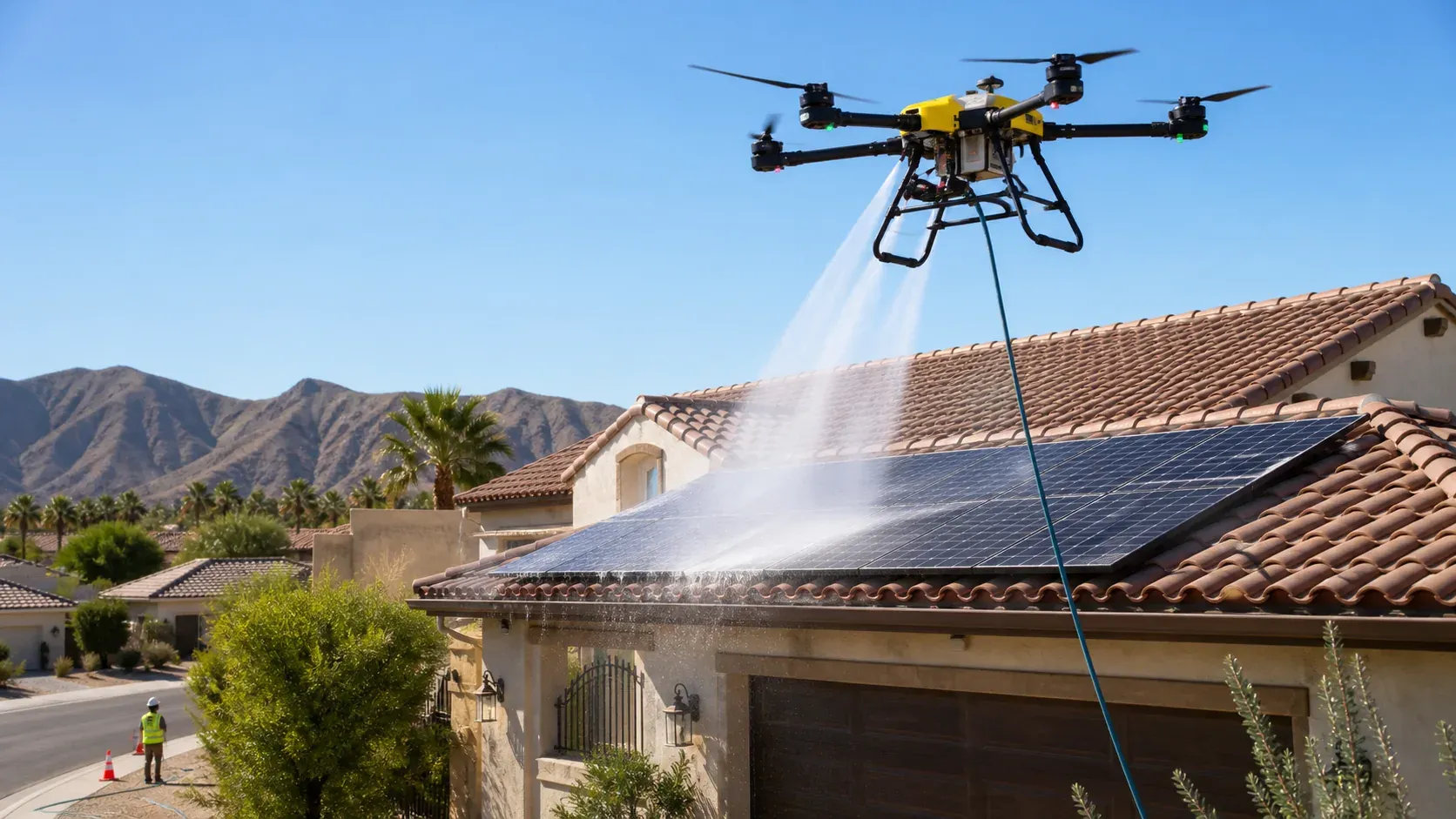 Cleaning drone rinsing a residential rooftop solar array with a spotter watching from the street