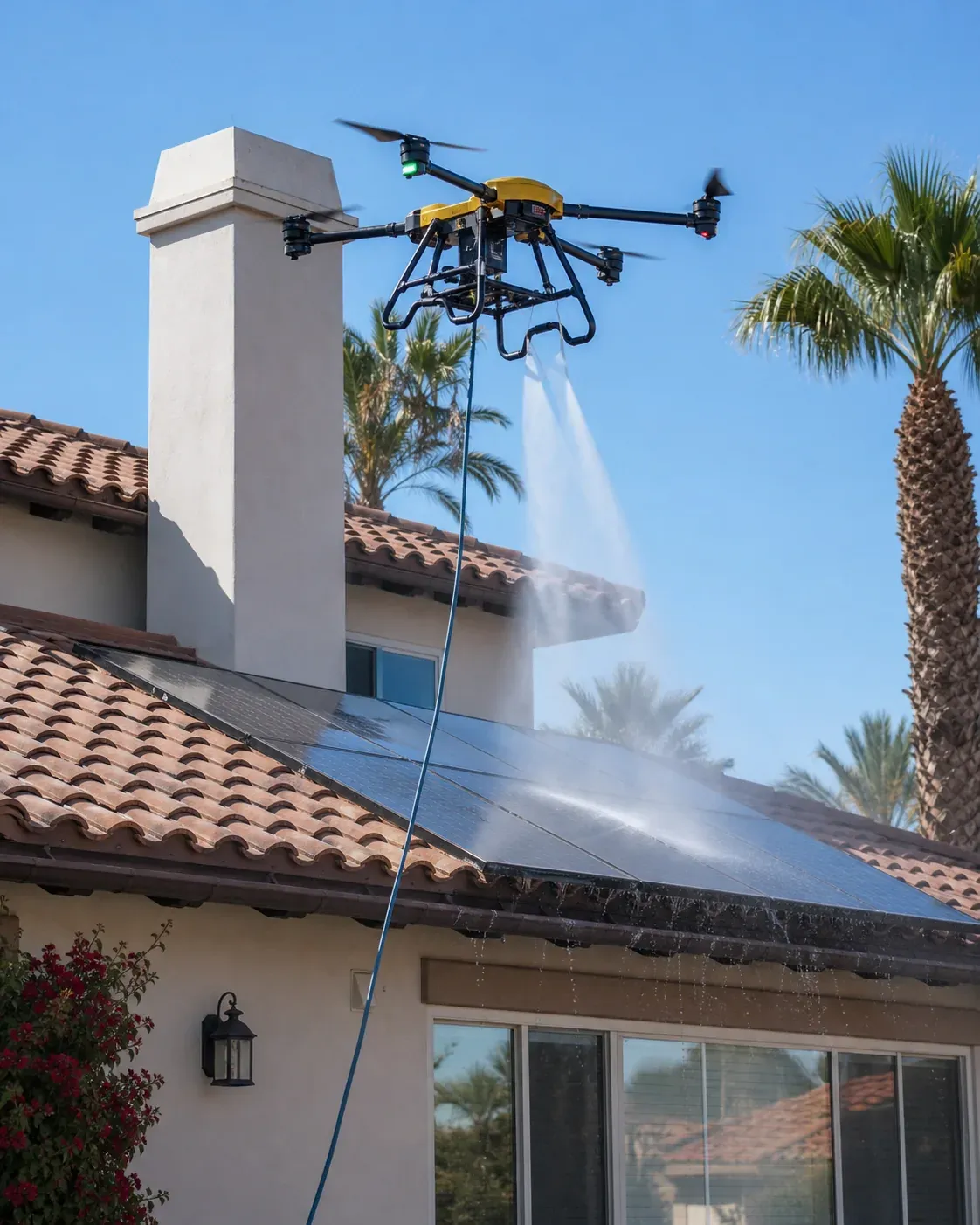 Cleaning drone hovering near a chimney while rinsing a residential rooftop solar array