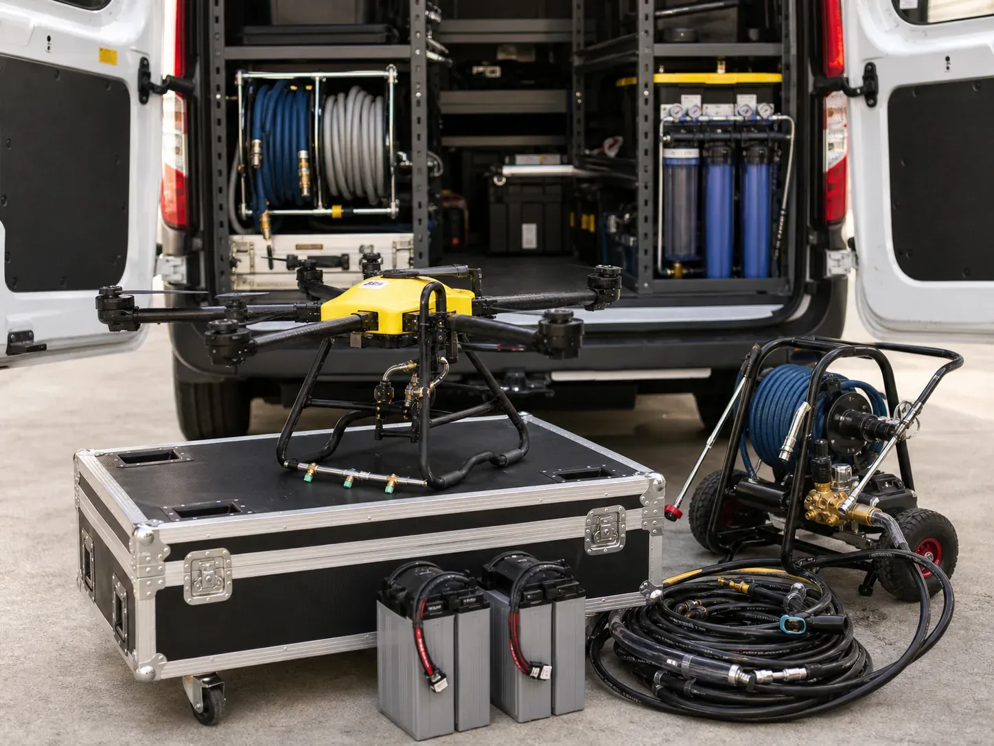 DronePower1 cleaning drone with flight case, pressure pump, batteries, and hoses staged for a job