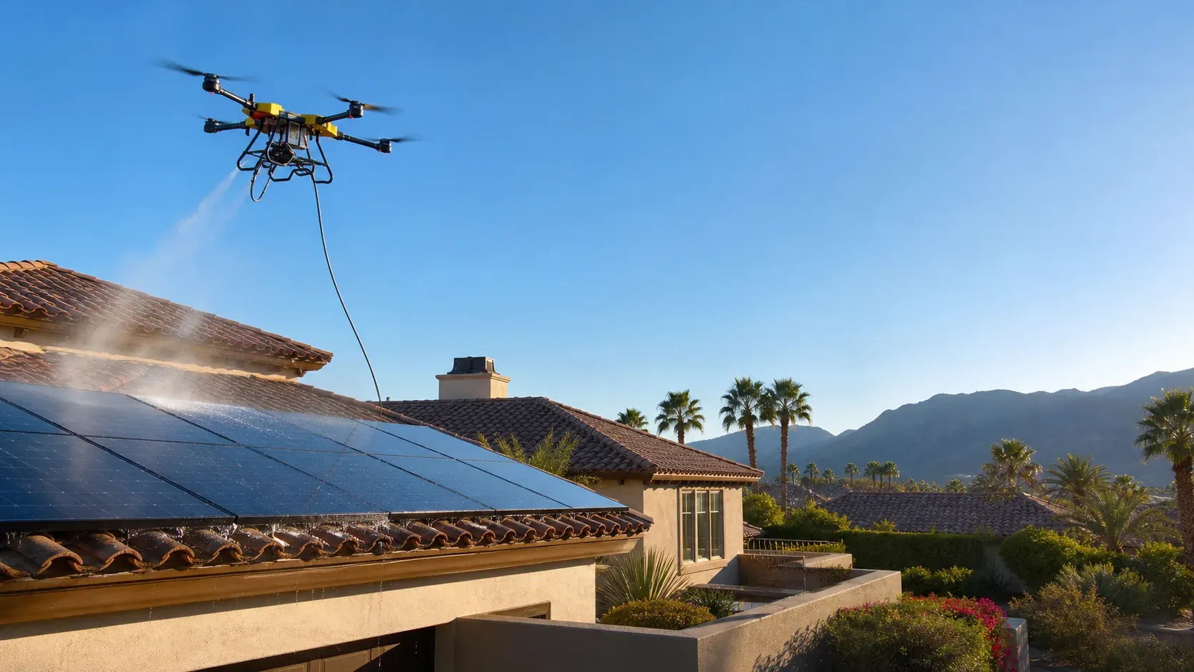 Wide view of a cleaning drone passing over a residential tile roof with desert mountains in the background