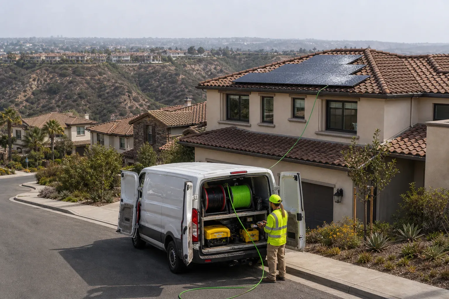 Carmel Valley street-side service scene with a DronePower1 van, green hose, and wet solar panels above a canyon-edge home.