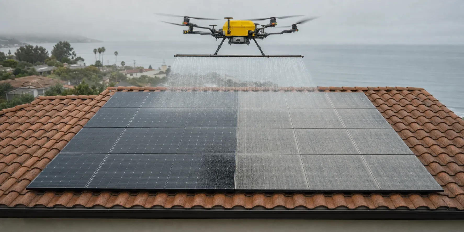 Yellow cleaning drone hovering above a coastal tile-roof home, releasing a wide soft curtain of water across a rooftop solar array, the cleaned half dark and wet beside the half still dulled with salt film, ocean and marine layer behind