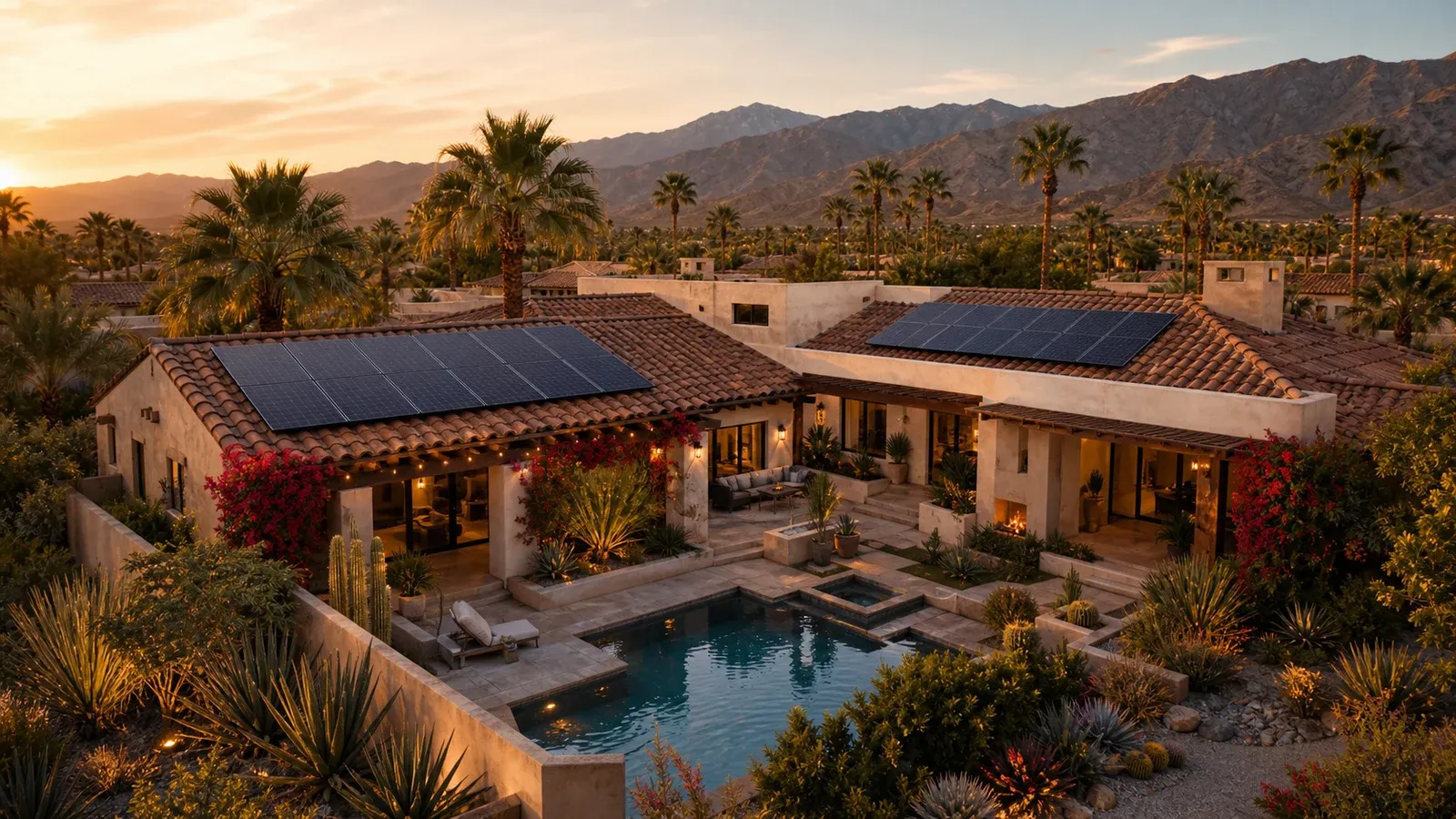 Desert home with rooftop solar at sunset, surrounded by palms and arid landscaping with mountains behind