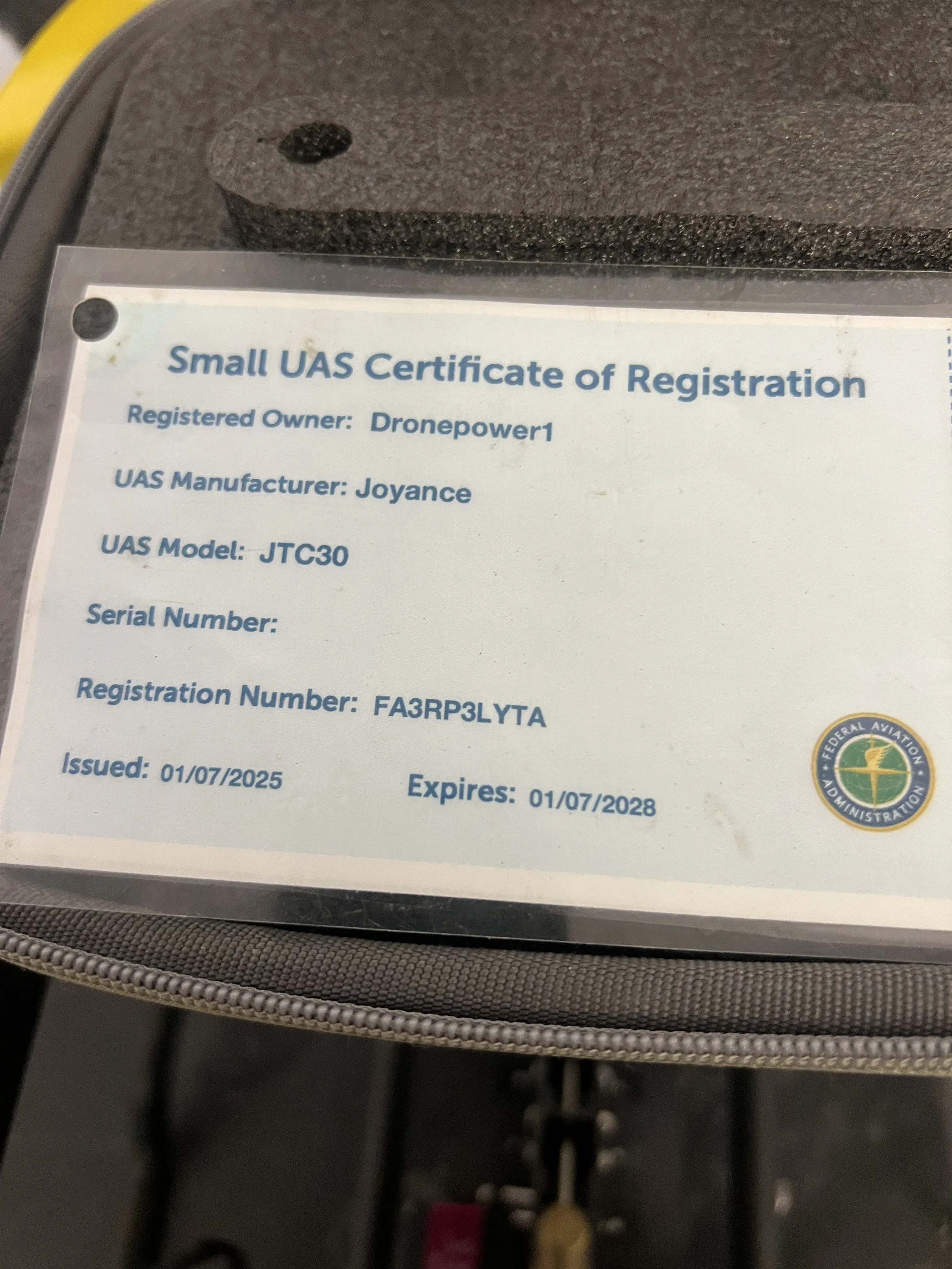 Drone registration card and certification details