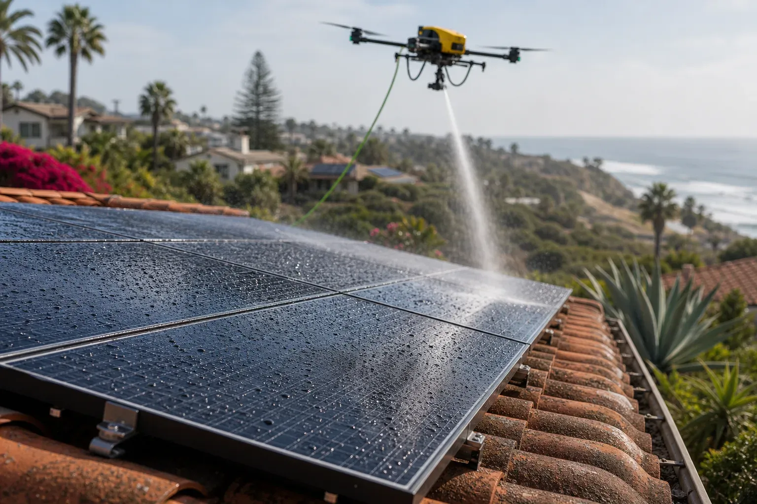 Close roof-edge view of wet solar panels as a yellow DronePower1 drone cleans an Encinitas coastal tile-roof home.