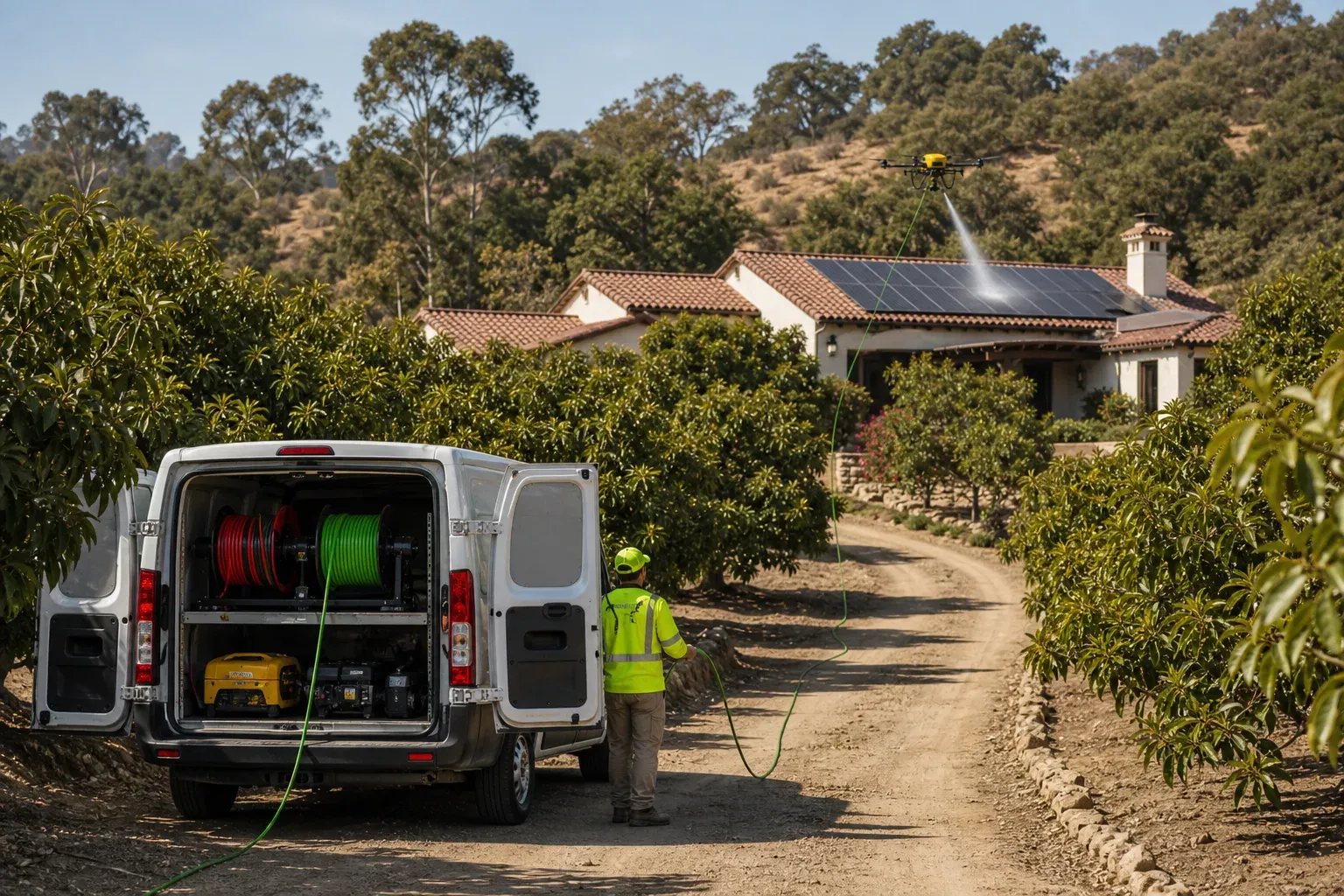 Fallbrook grove driveway view of a DronePower1 van and yellow cleaning drone servicing rooftop solar panels.
