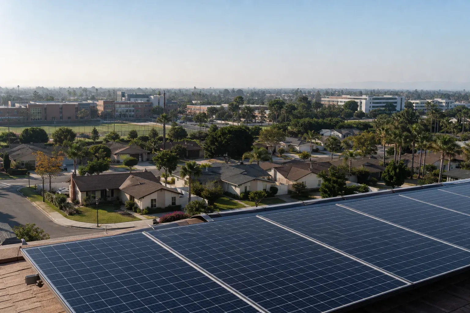 Rooftop solar overlooking Fountain Valley neighborhoods, schools, and medical-commercial campuses.