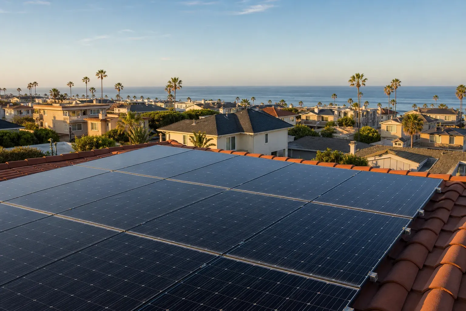 Coastal rooftop solar array overlooking Huntington Beach neighborhoods and the Pacific Ocean.