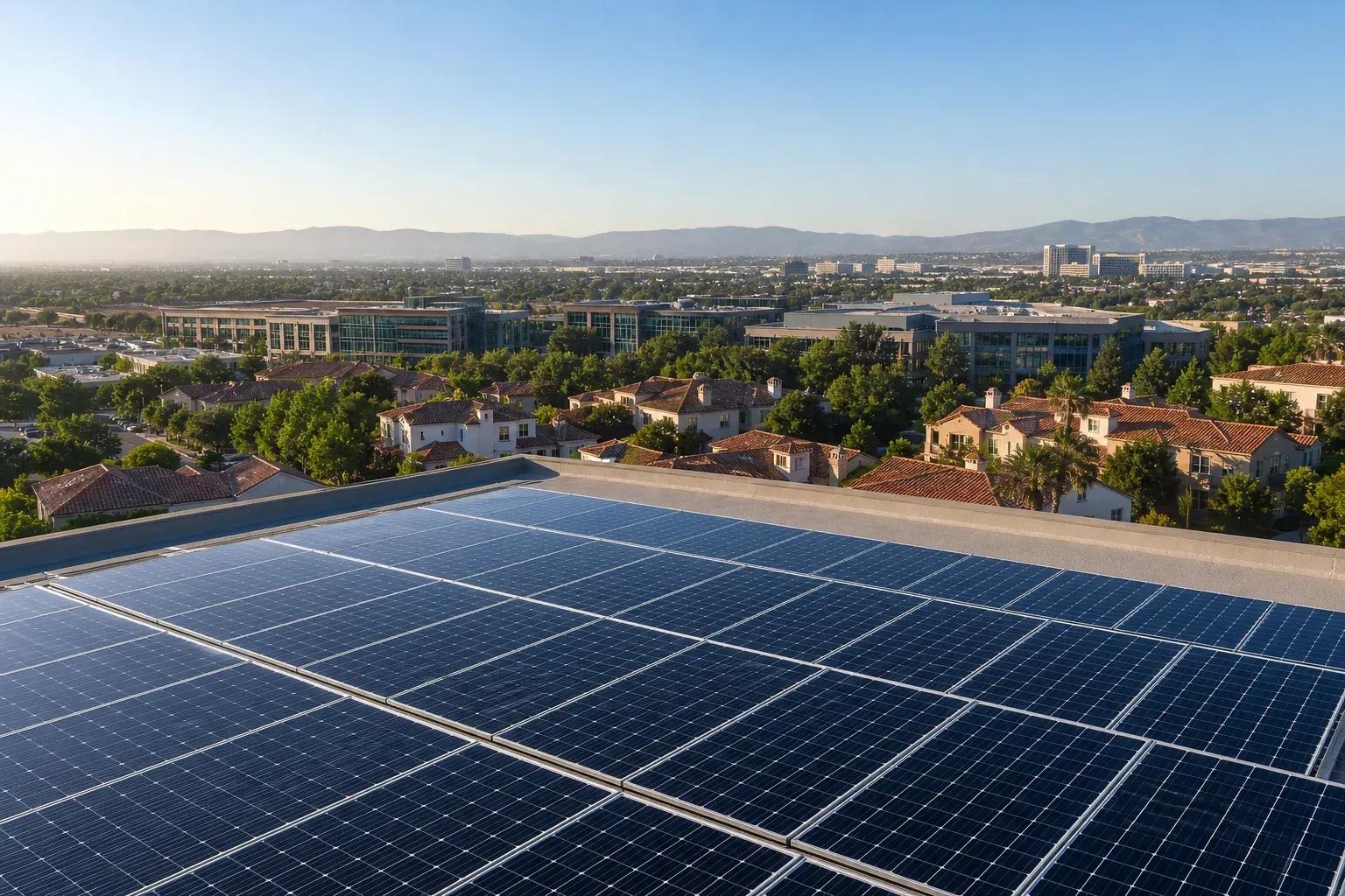 Modern rooftop solar overlooking Irvine neighborhoods and landscaped business campuses.