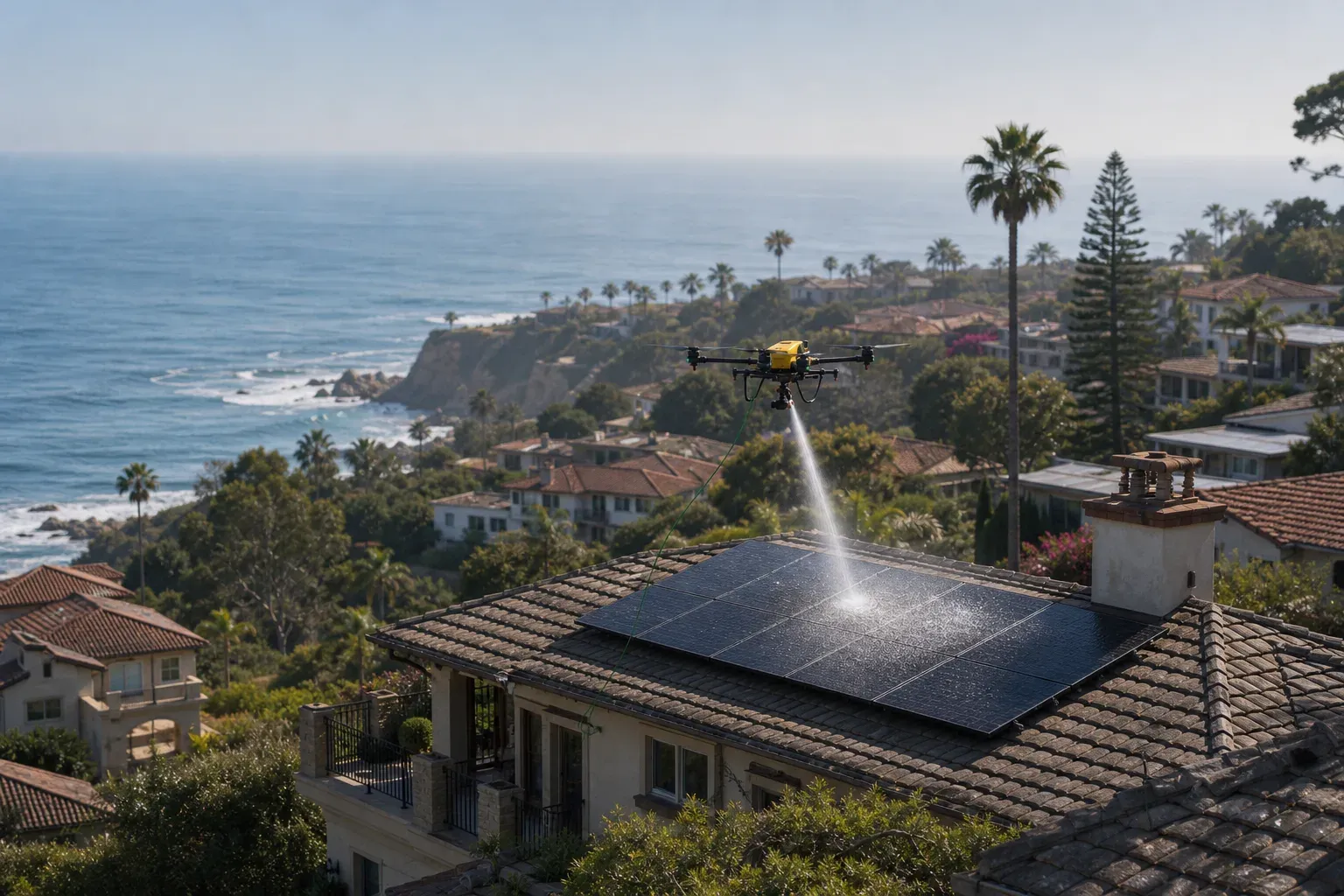 Long-lens La Jolla coastal hillside view of a yellow DronePower1 drone cleaning solar panels on a tile-roof home.