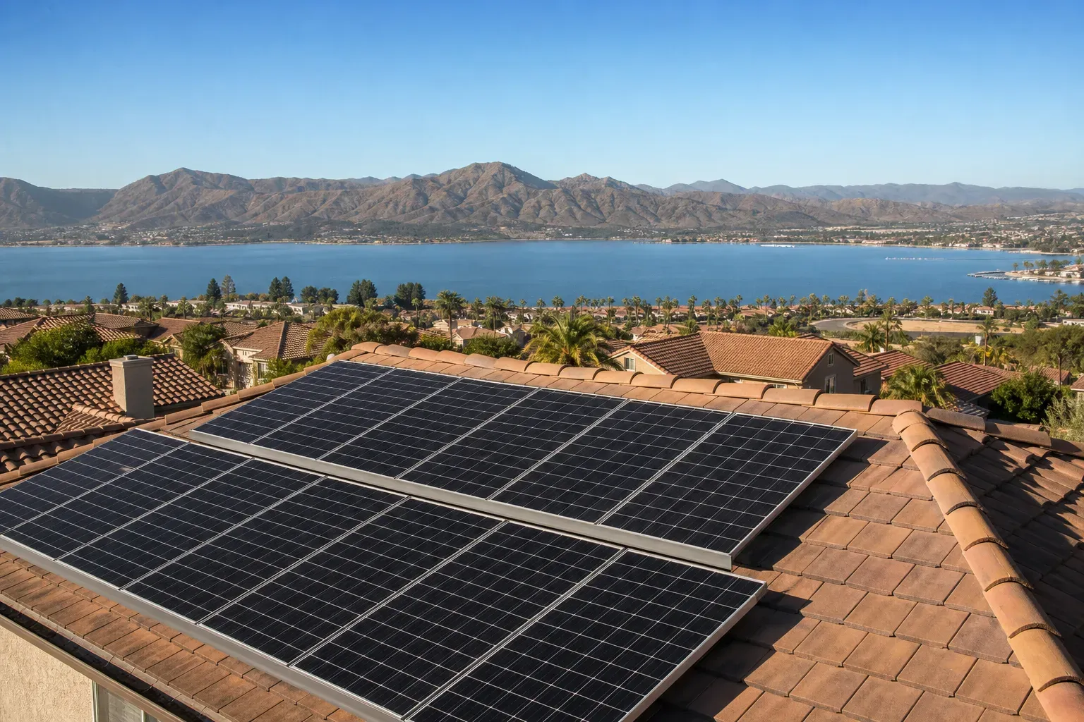 Solar panels on a Lake Elsinore hillside roof overlooking the lake and surrounding mountains.