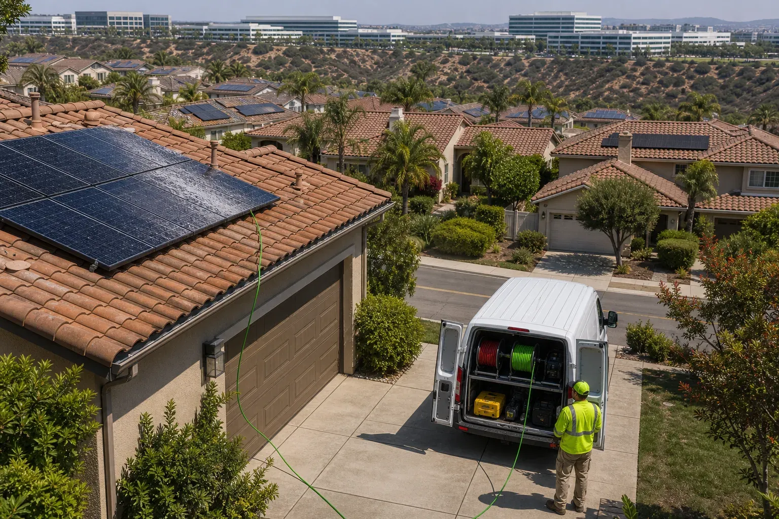 Mira Mesa driveway service scene with a DronePower1 van, green hose, and wet rooftop solar panels among dense neighborhood arrays.