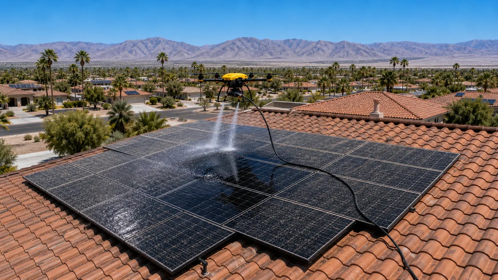 Cleaning drone hovering over a dust-coated rooftop solar array on a tile roof, rinsing storm dust off the panels under a clear post-storm sky