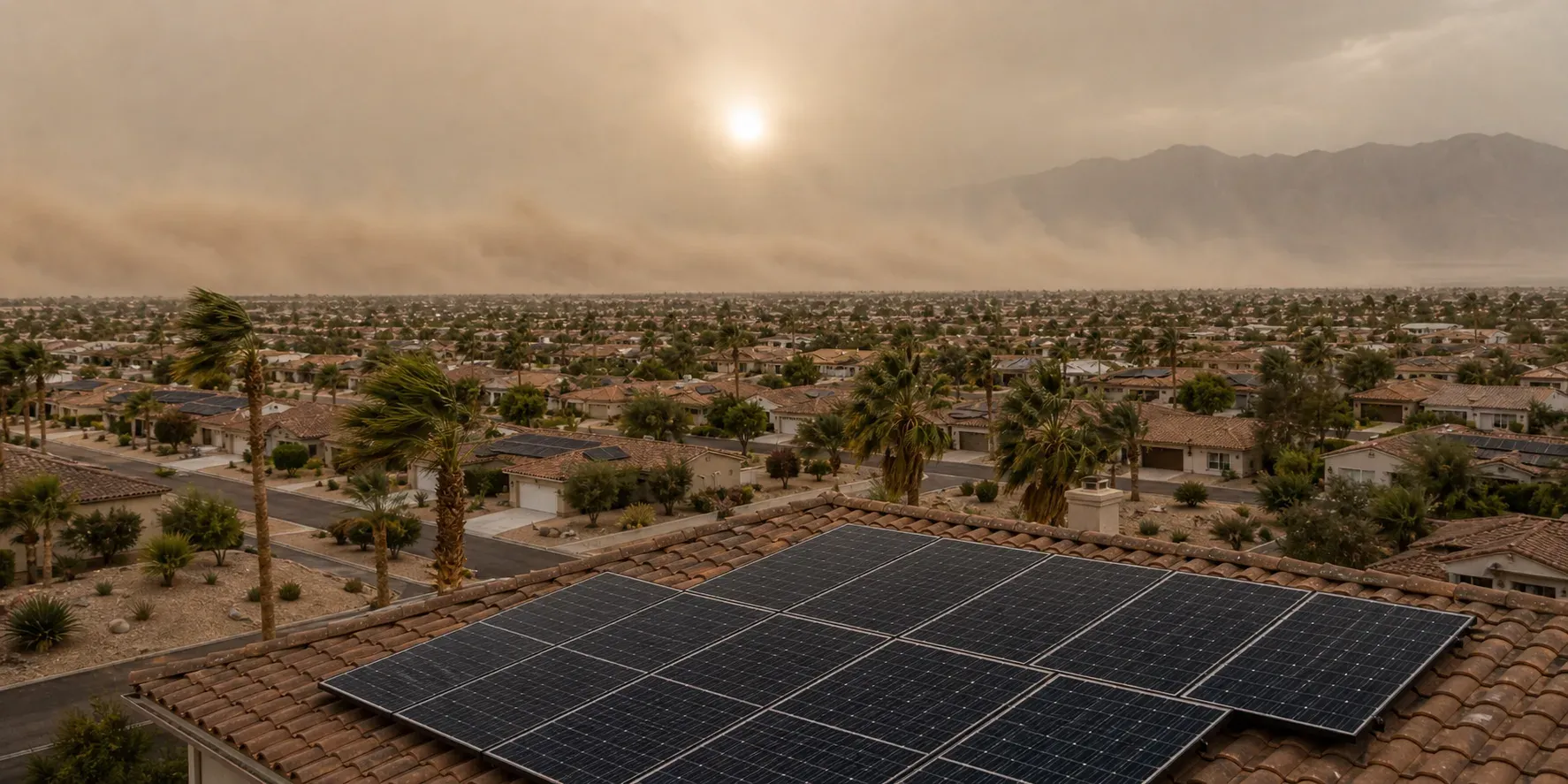 Hazy tan dust front advancing across a Coachella Valley neighborhood of tile roofs with rooftop solar, sun dimmed to a pale disc
