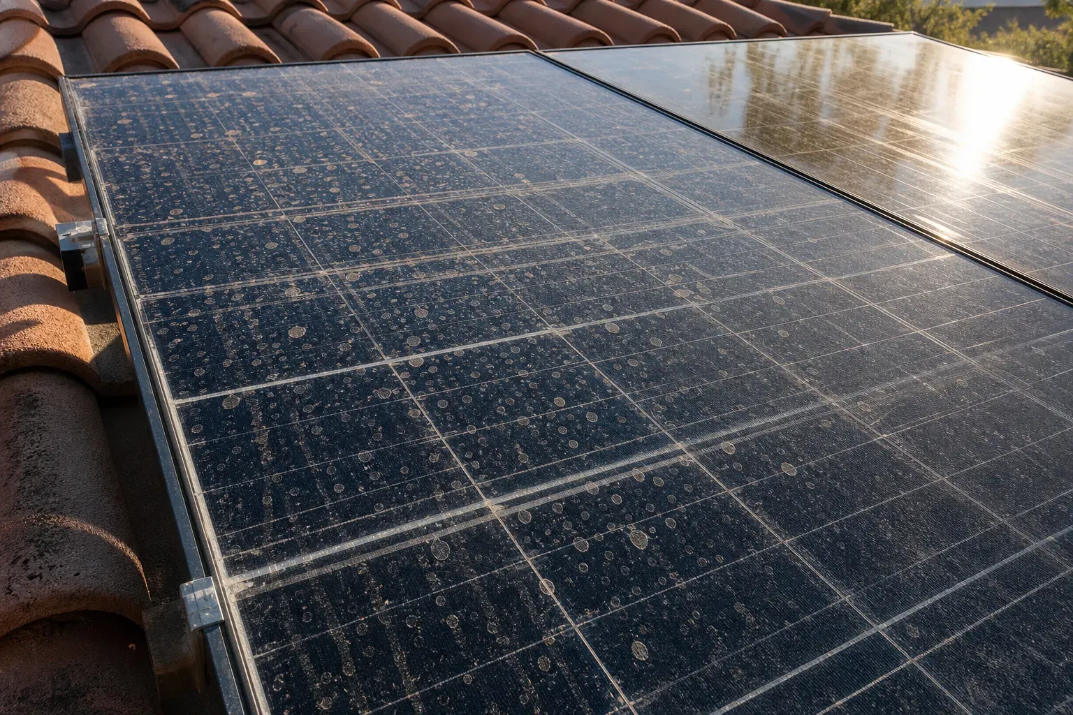 Close-up of a rooftop solar panel covered in dried mud spots and mineral rings after a light desert rain, next to a clean panel