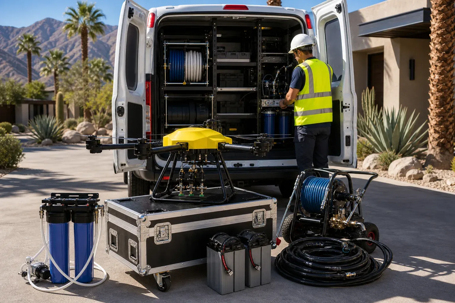 Yellow cleaning drone and water-fed equipment staged for a job in Palm Desert.