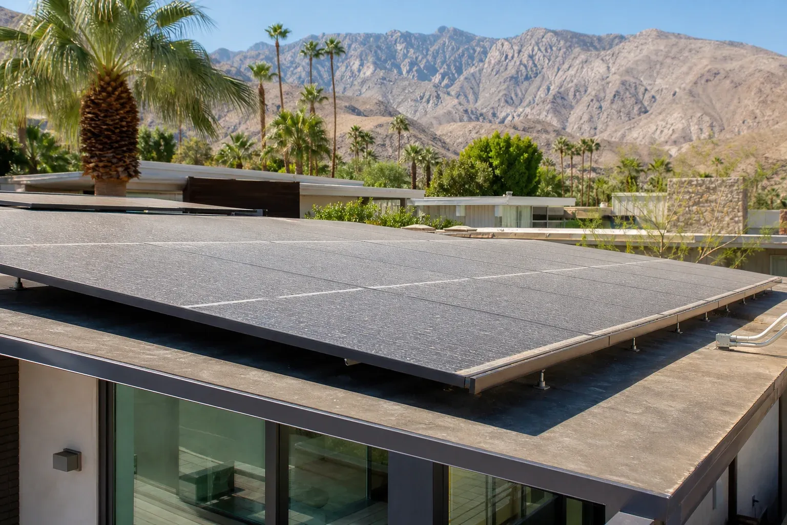 Solar panels on a Palm Springs mid-century home dulled by wind-blown sand and hard-water spotting.