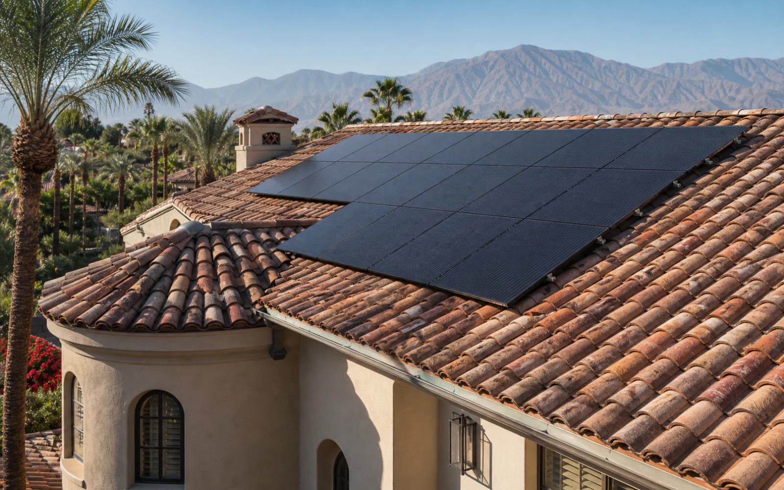 Solar panels installed on a Spanish tile home in La Quinta with palms and desert mountains beyond