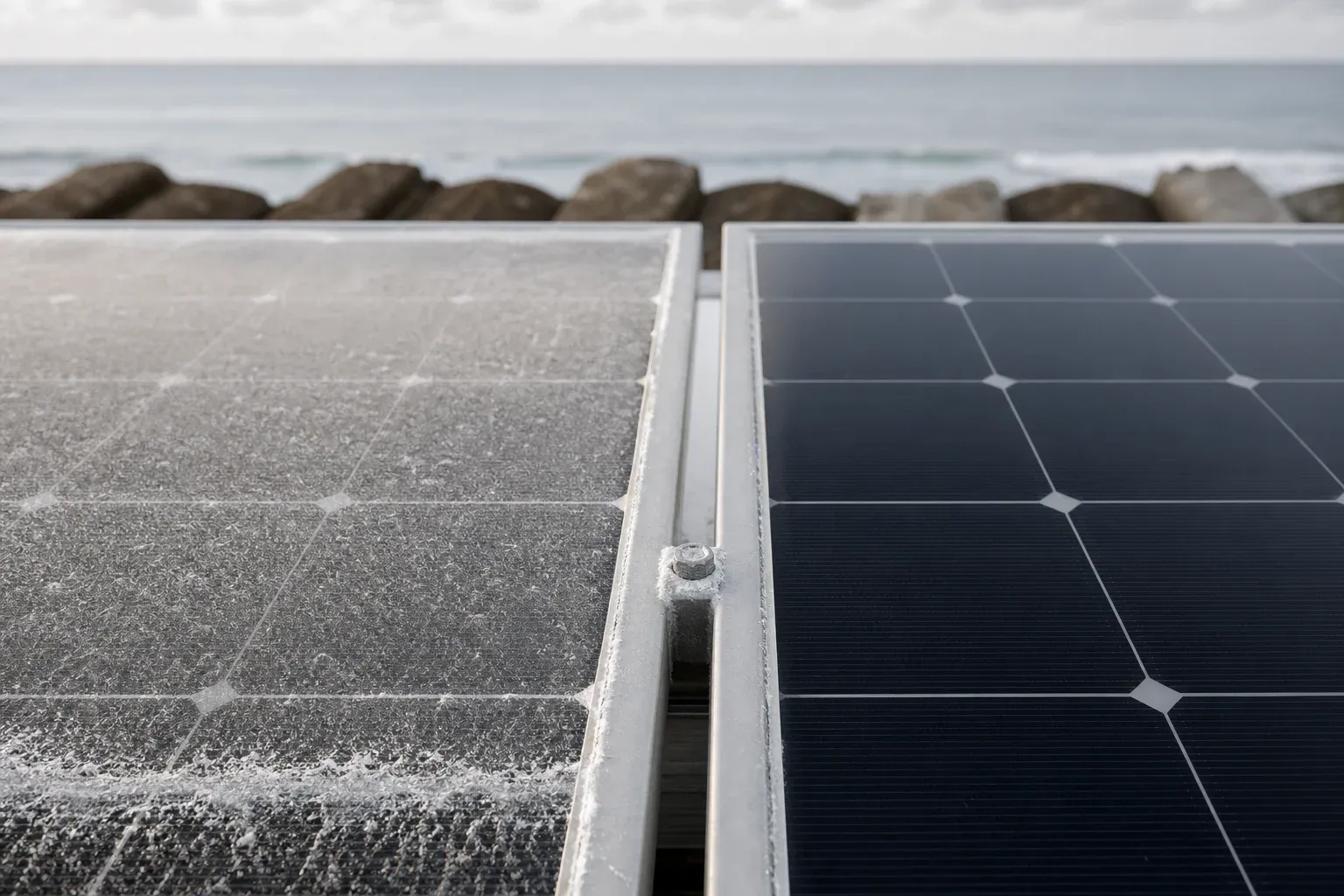 Two adjacent rooftop solar panels at the coast, the left one covered in a dried whitish salt haze with white corrosion bloom on the aluminum frame and fastener, the right one clean and dark, surf breaking behind