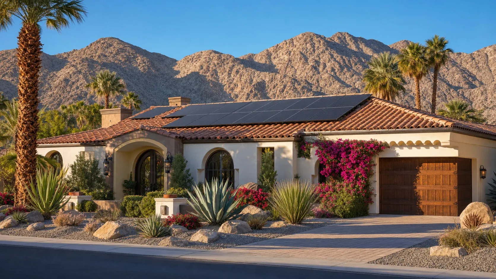 Spanish Colonial Revival home with rooftop solar panels on a terracotta tile roof in a desert neighborhood