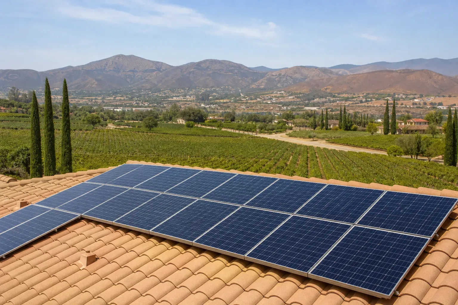 Representative Temecula solar home overlooking vineyards and inland Southern California mountains