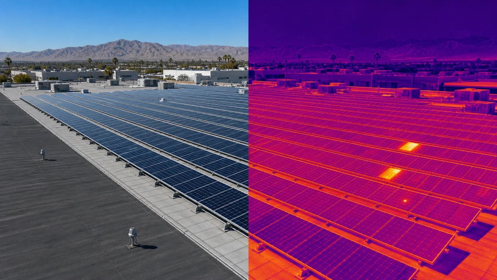 Illustrative matched visible-light and thermal aerial view of a large commercial rooftop solar array
