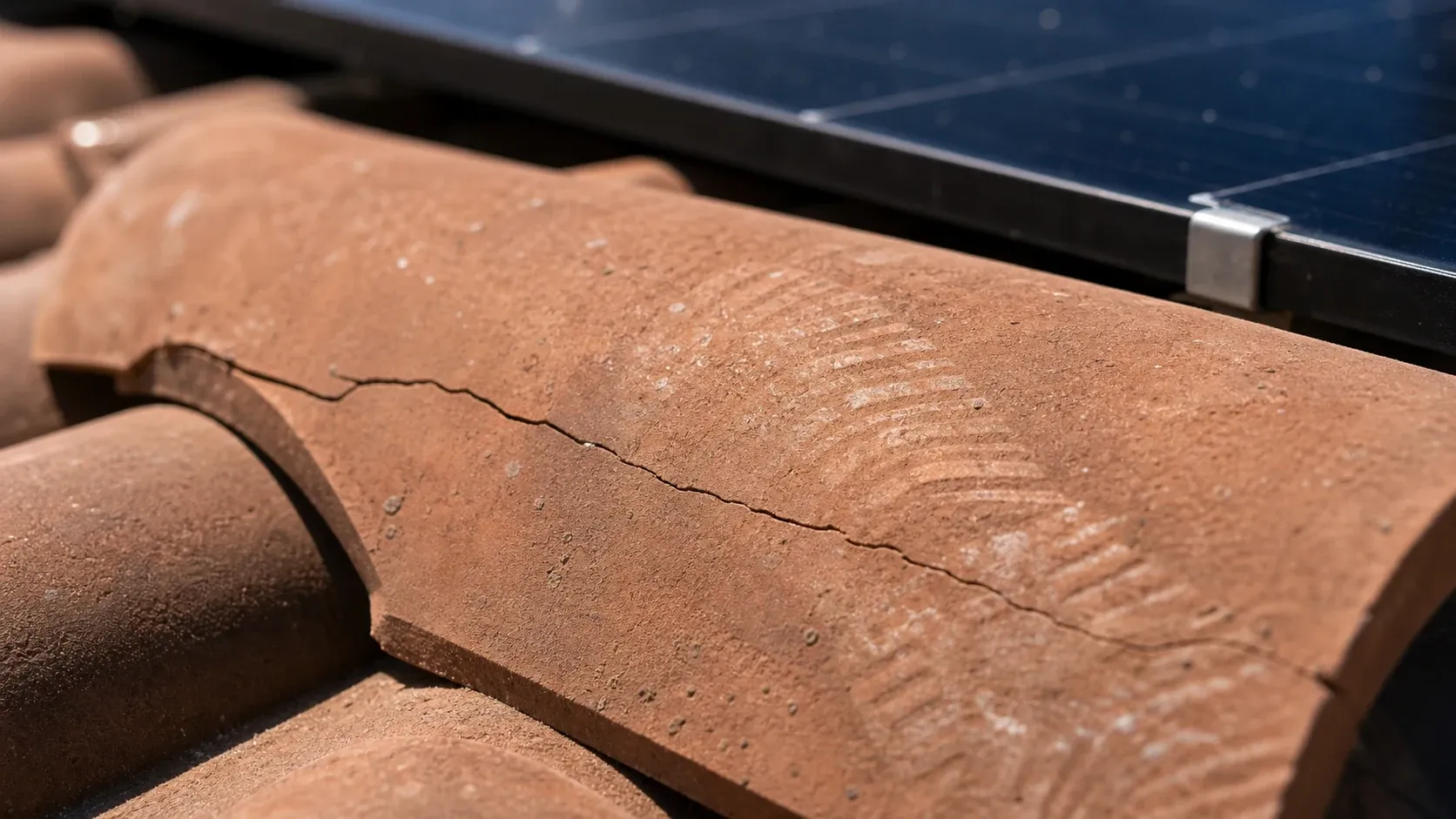 Cracked terracotta Spanish roof tile with a faint boot print near a rooftop solar array