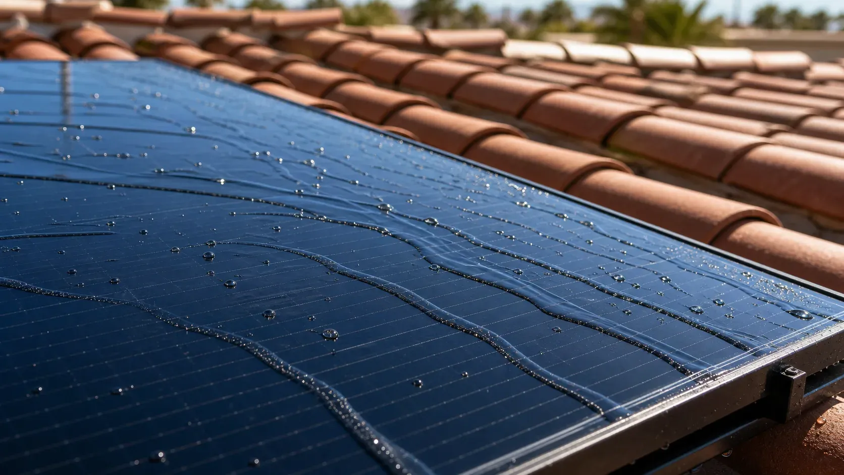 Deionized water sheeting cleanly off rooftop solar panel glass above rows of terracotta barrel tile, nothing touching the roof