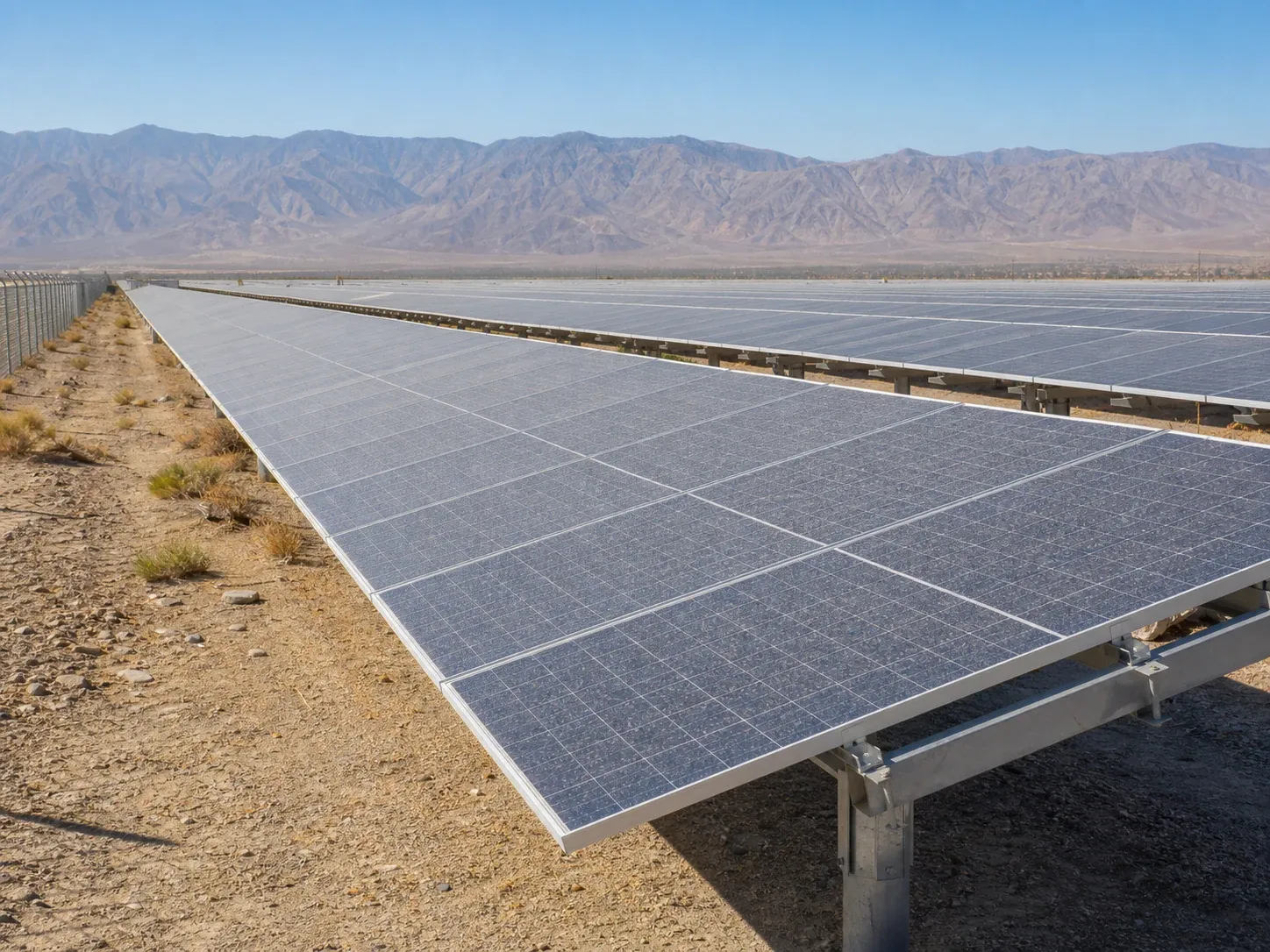 Dusty ground-mounted solar panels extending toward the Coachella Valley mountains