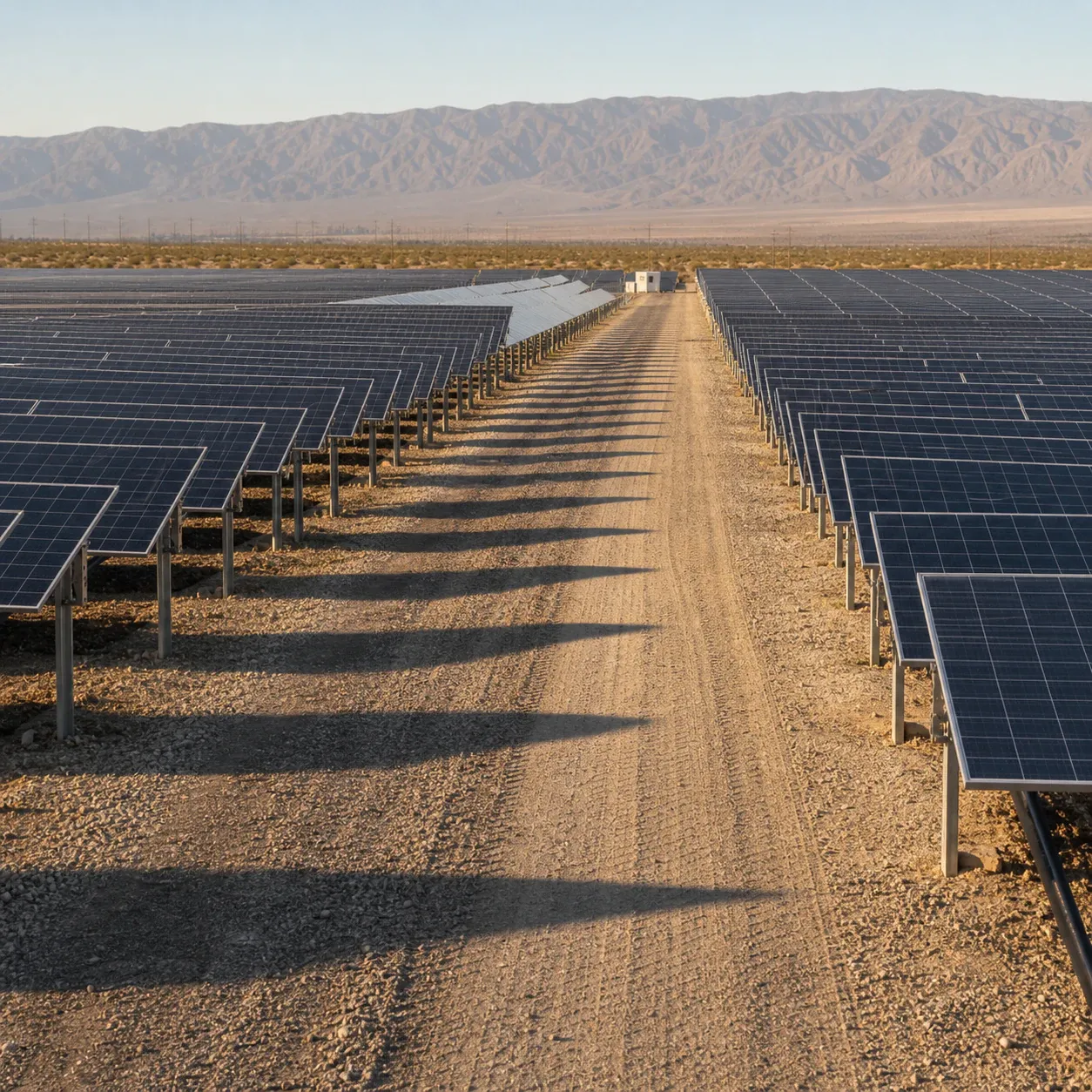 Gravel maintenance corridor between long rows of utility solar panels