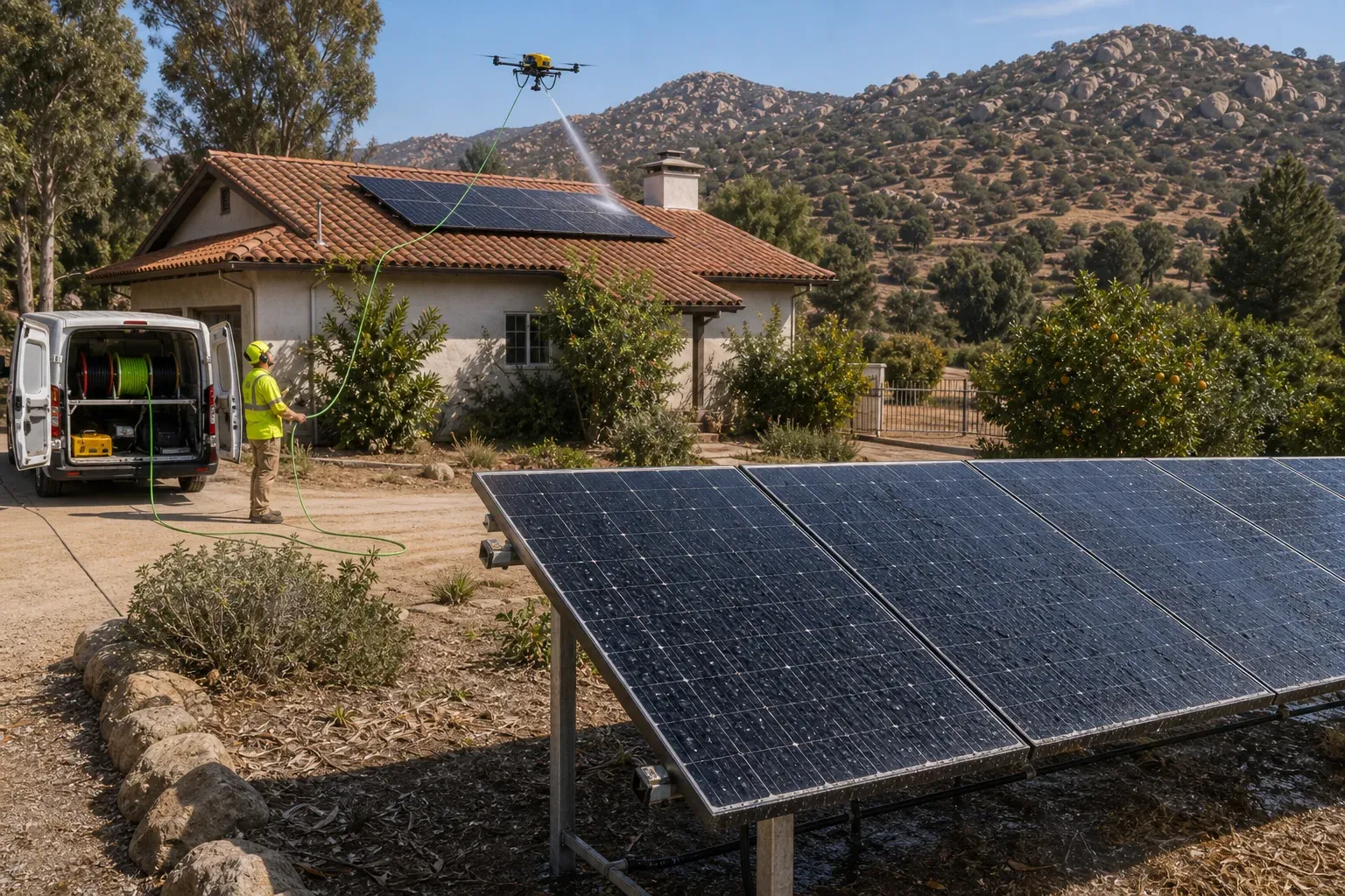 Valley Center ranch property with ground-mount panels in front and a yellow DronePower1 drone cleaning rooftop solar behind.