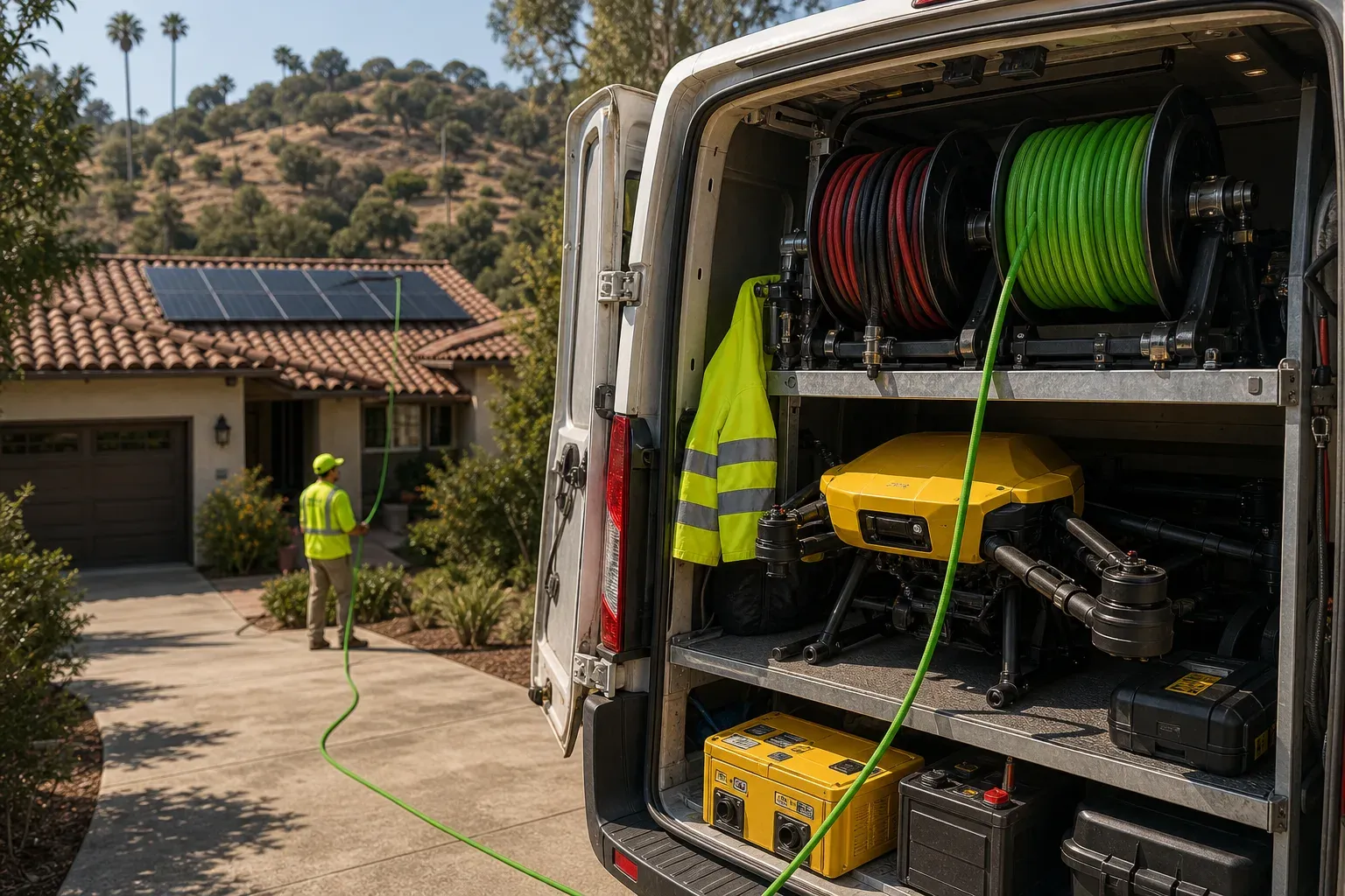 Open DronePower1 service van with yellow drone equipment and green hoses staged for a Vista hillside solar cleaning job.