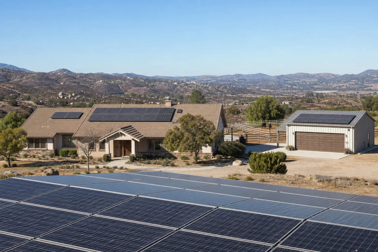 Solar arrays on a rural Wildomar property with open lots, outbuildings, and chaparral hills.
