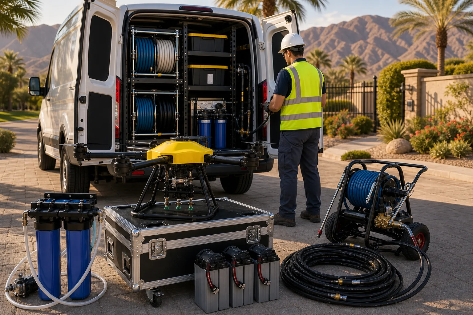DronePower1 cleaning drone and deionized water tanks staged at a Bermuda Dunes property.