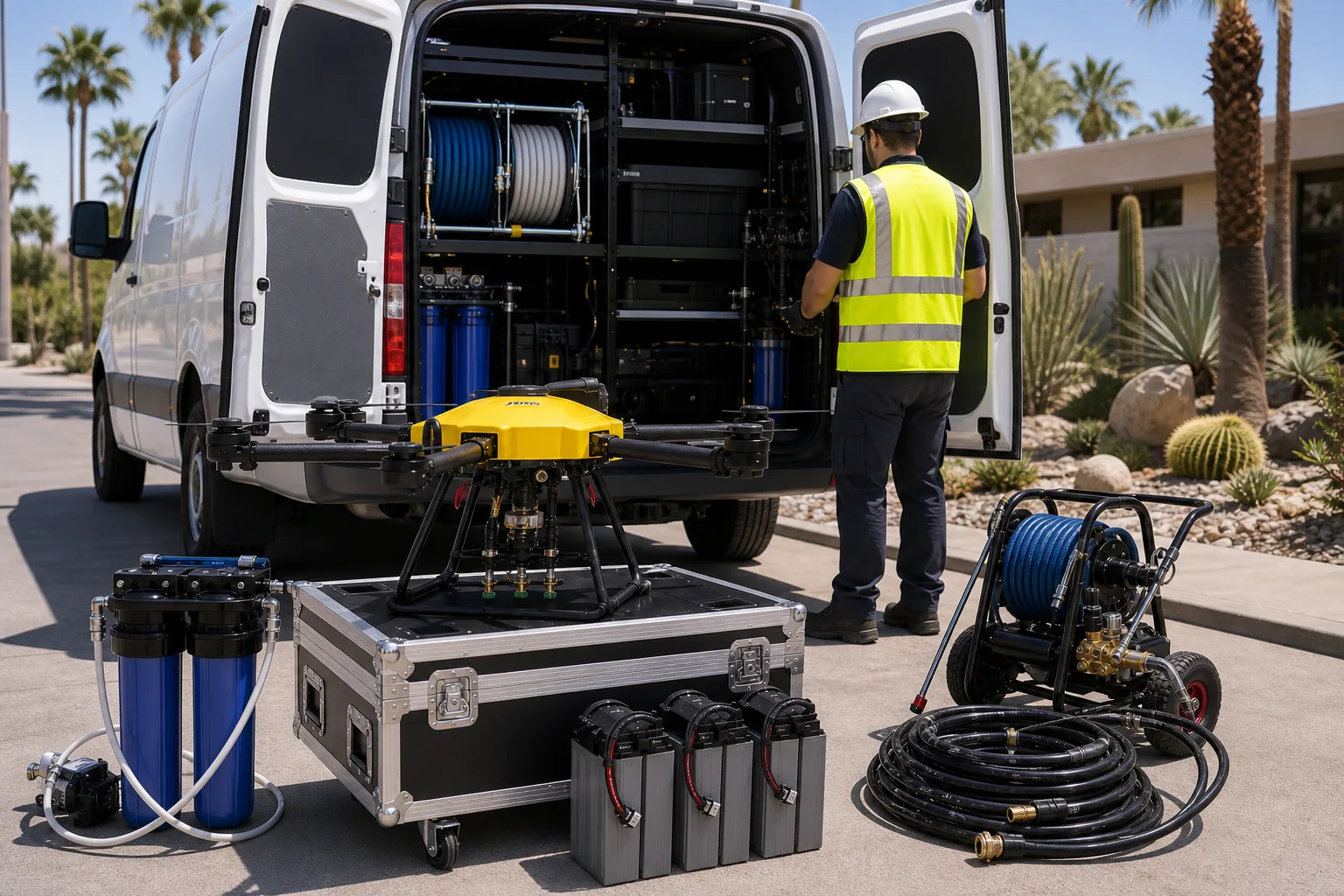 DronePower1 drone and water-fed cleaning equipment staged at a Cathedral City property.
