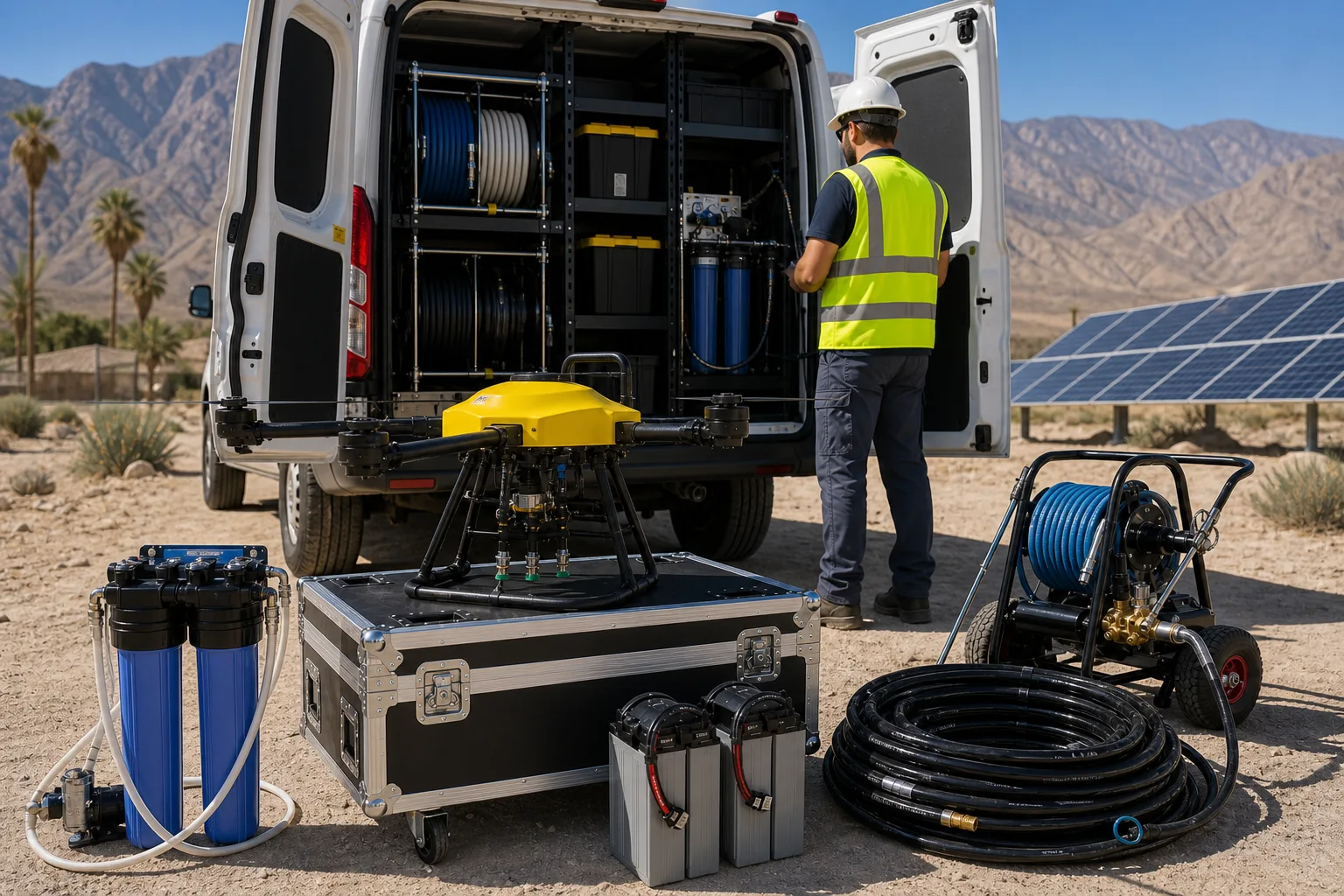 DronePower1 cleaning drone and water-fed equipment staged at a Desert Hot Springs property.