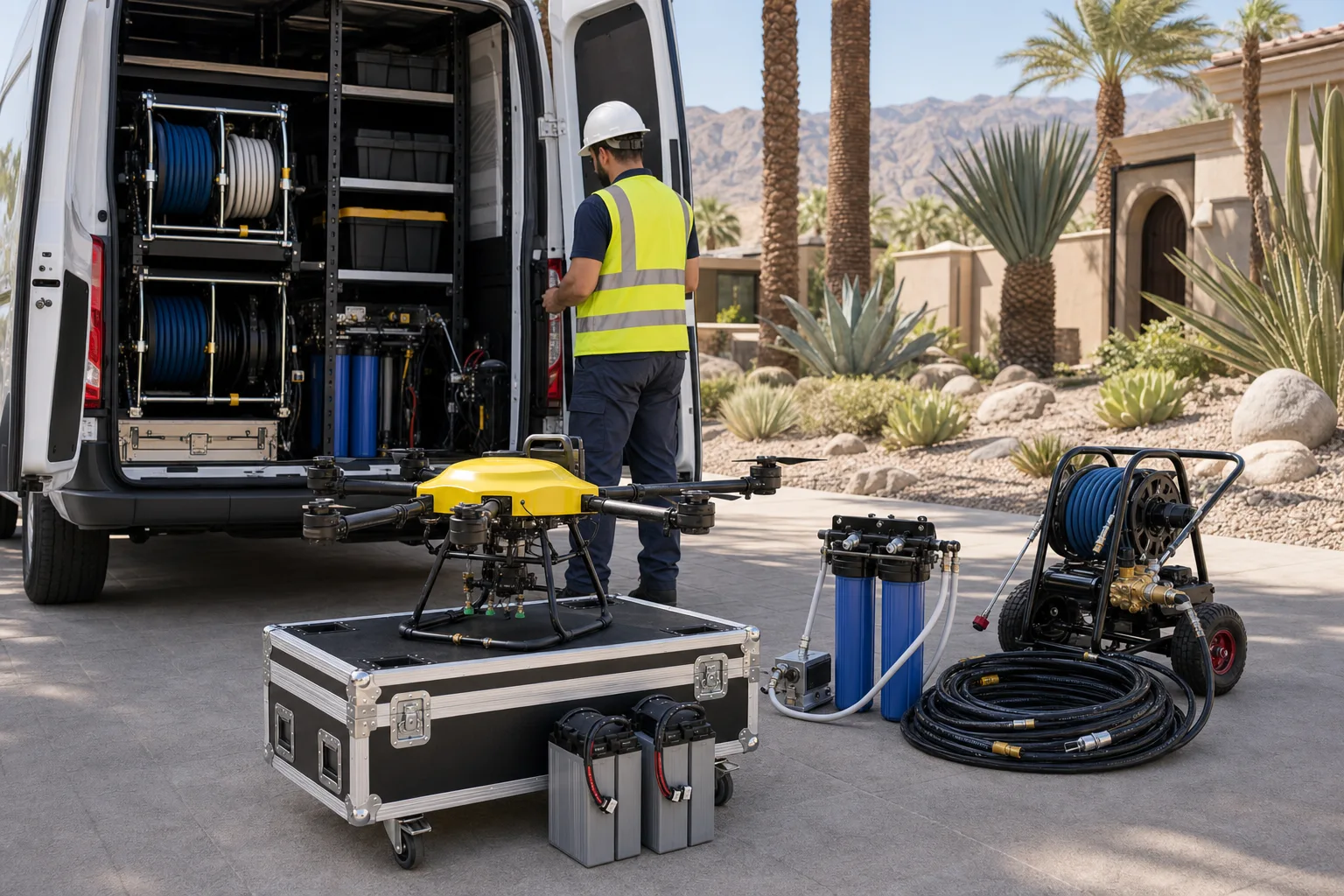 DronePower1 cleaning drone and water-fed equipment staged at an Indian Wells country club home.