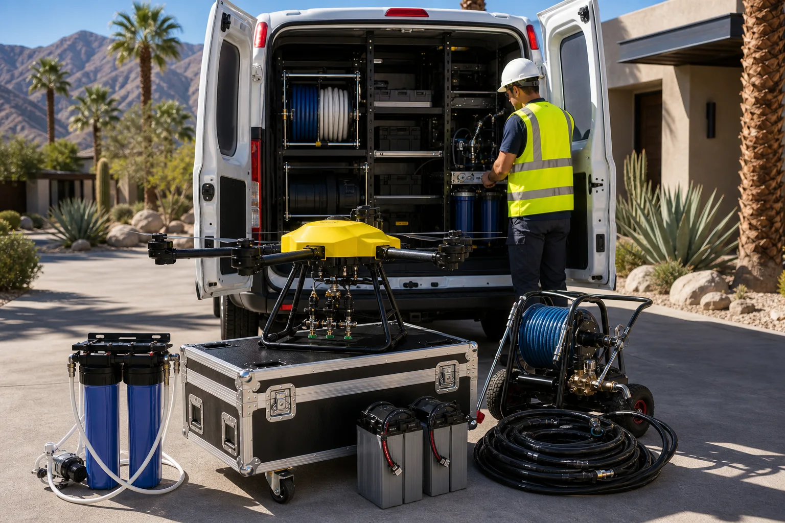 Yellow cleaning drone and water-fed equipment staged for a job in Palm Desert.