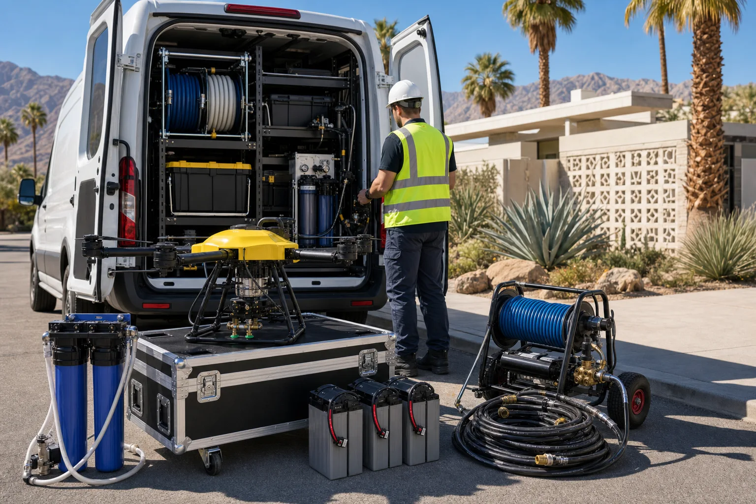 DronePower1 drone cleaning setup with deionized water tanks staged at a Palm Springs property.